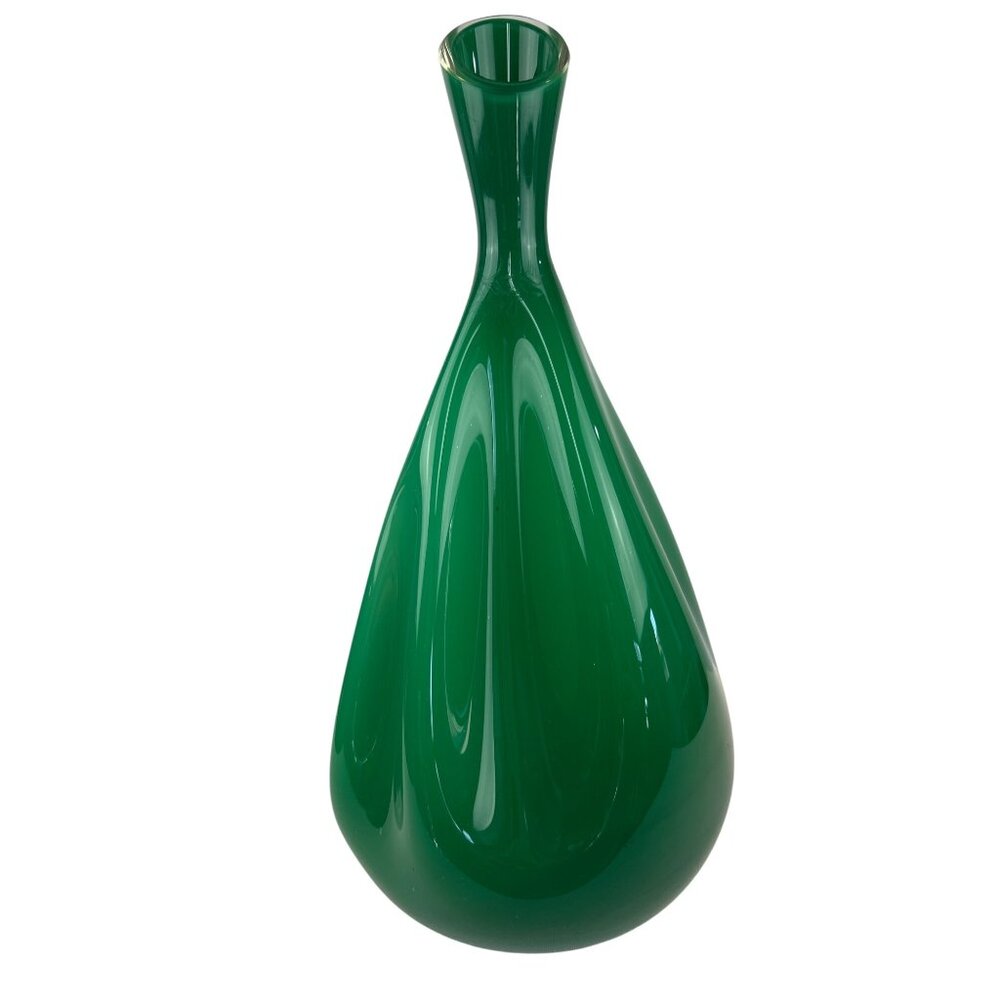 Mid Century Sculptural Green Glass Vase Organic Studio Signed